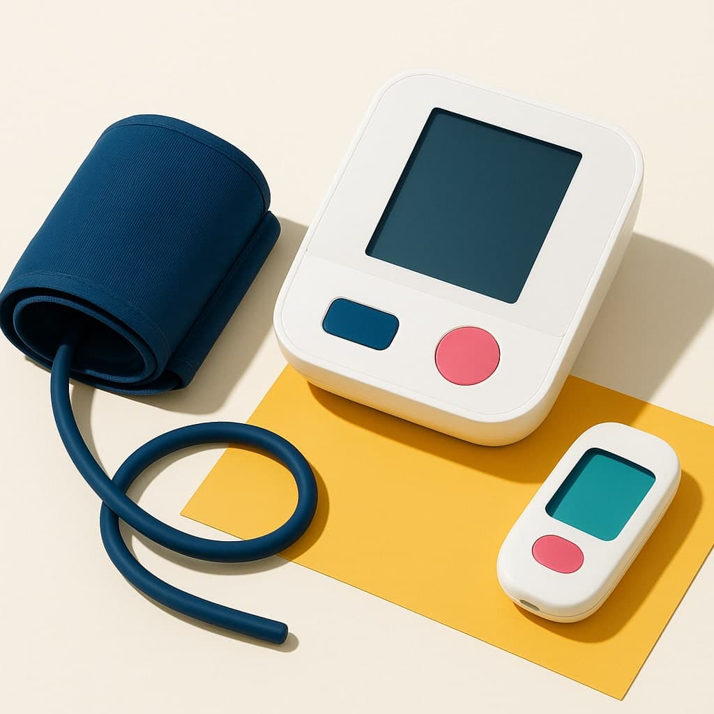 A blue home blood-pressure monitor and porcelain glucometer on a yellow card.