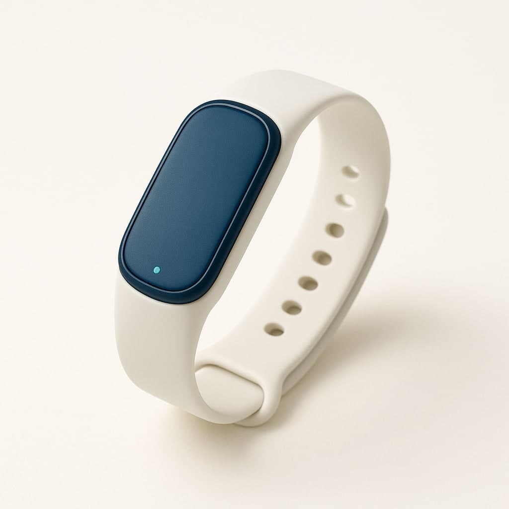 An unbranded wearable band with a blue face and porcelain strap.