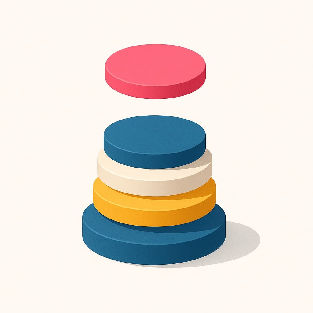 A stack of flat blue, porcelain and yellow discs with one pink disc hovering above.