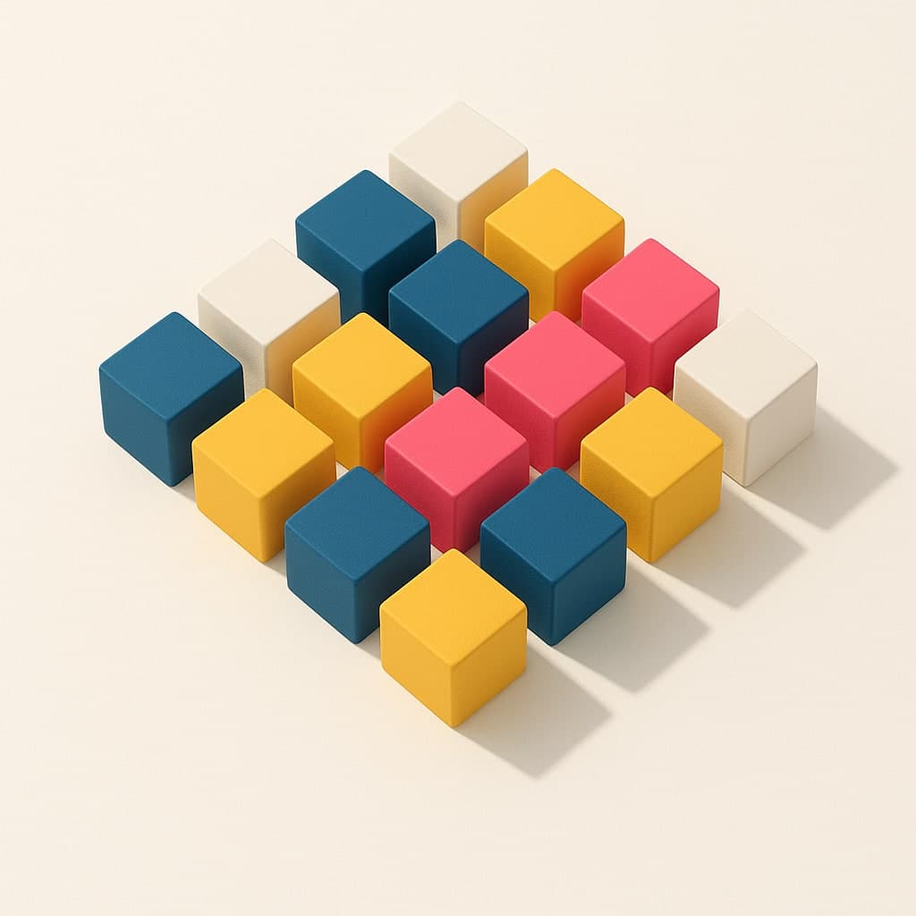 A grid of blue, yellow and porcelain cubes with a pink diagonal cutting through.